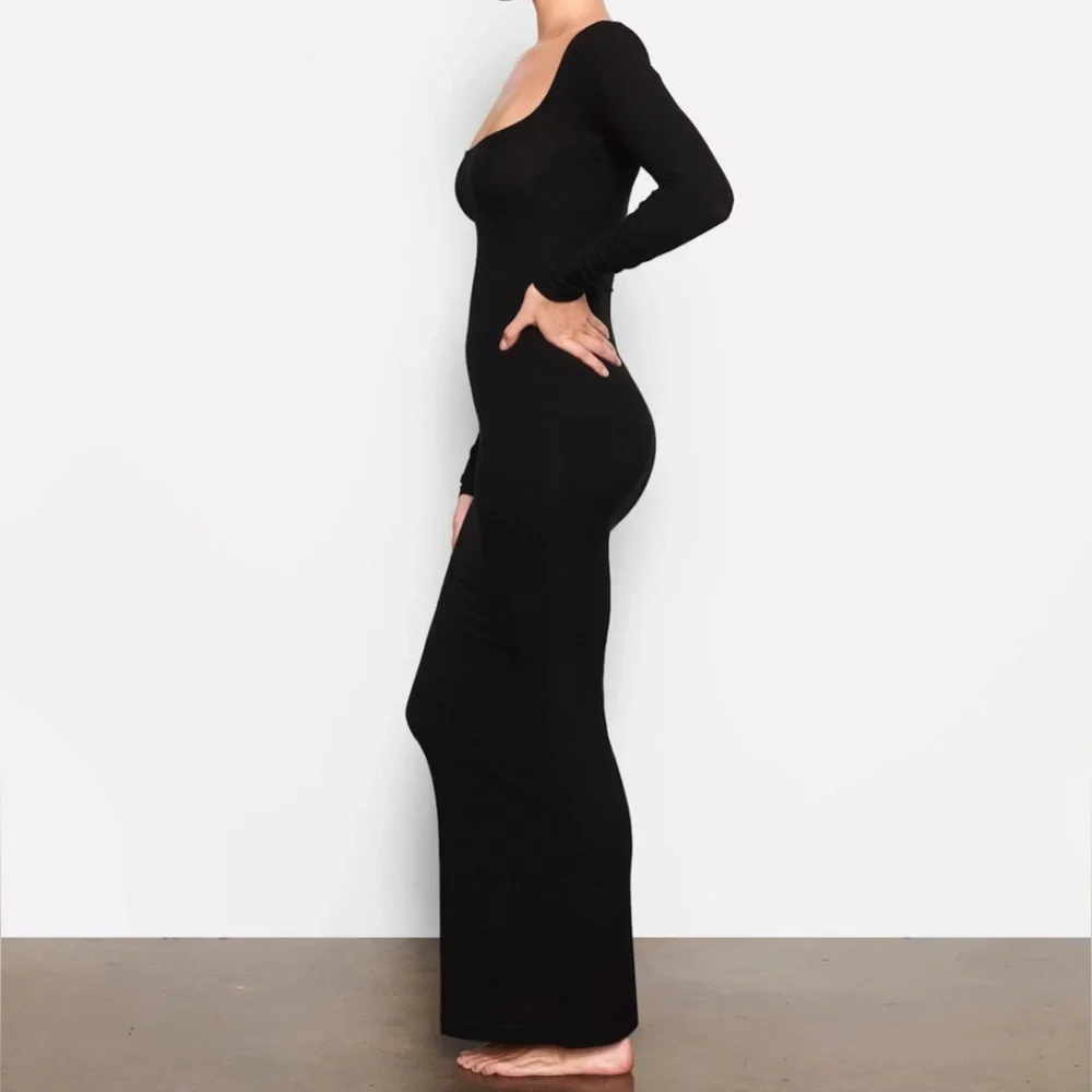 Skims Soft Lounge Long Sleeve Maxi Dress Square Neck Black Onyx Large Stretchy - Picture 7 of 7